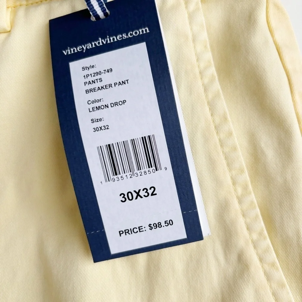 Vineyard Vines Men’s Slim Straight Stretch Breaker Pants Lemon Drop 30x32 New
